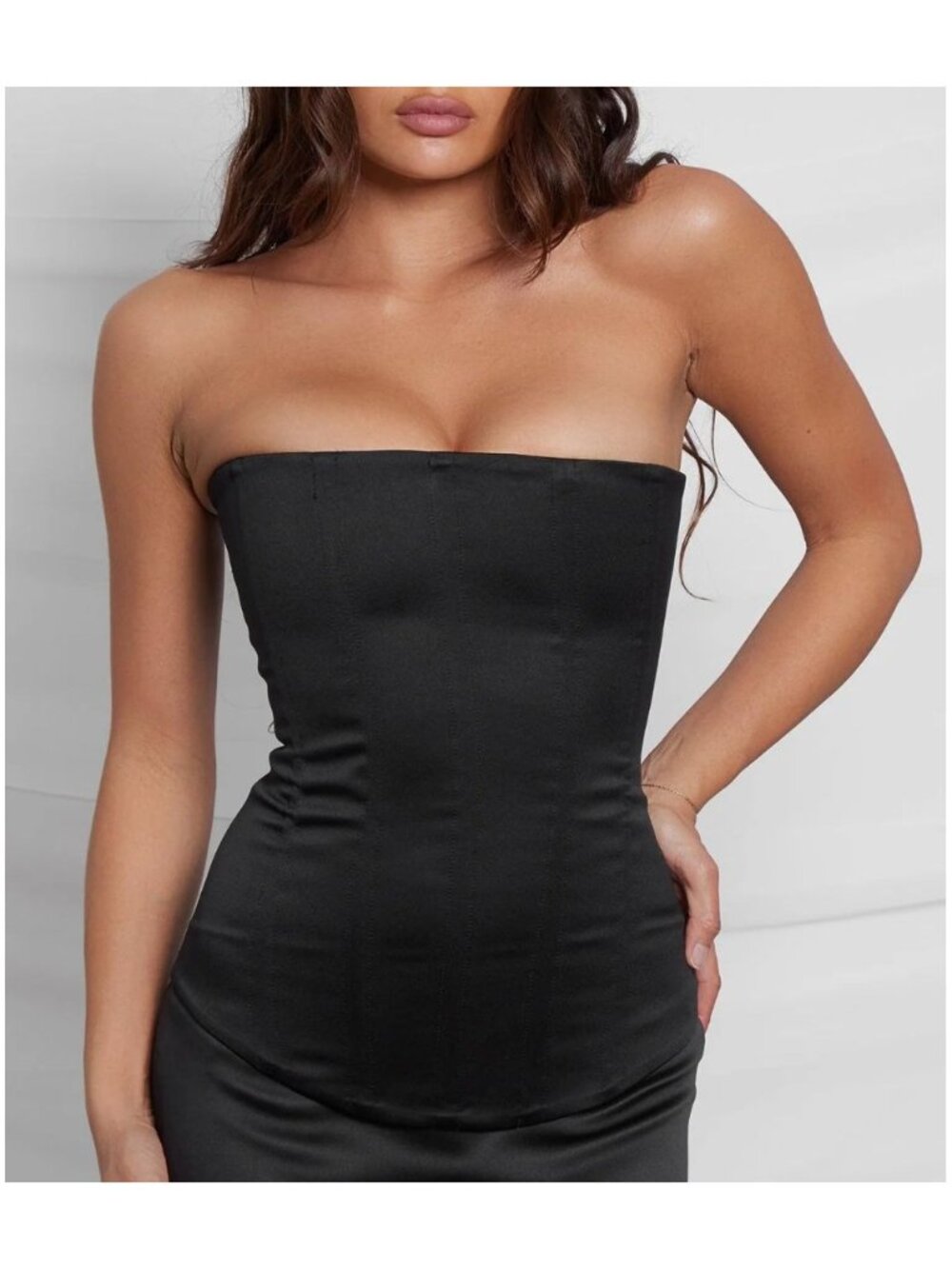 LEAU Black Sphynx Satin Corset Top Boning Strapless Shaping Rounded Hem  XXL